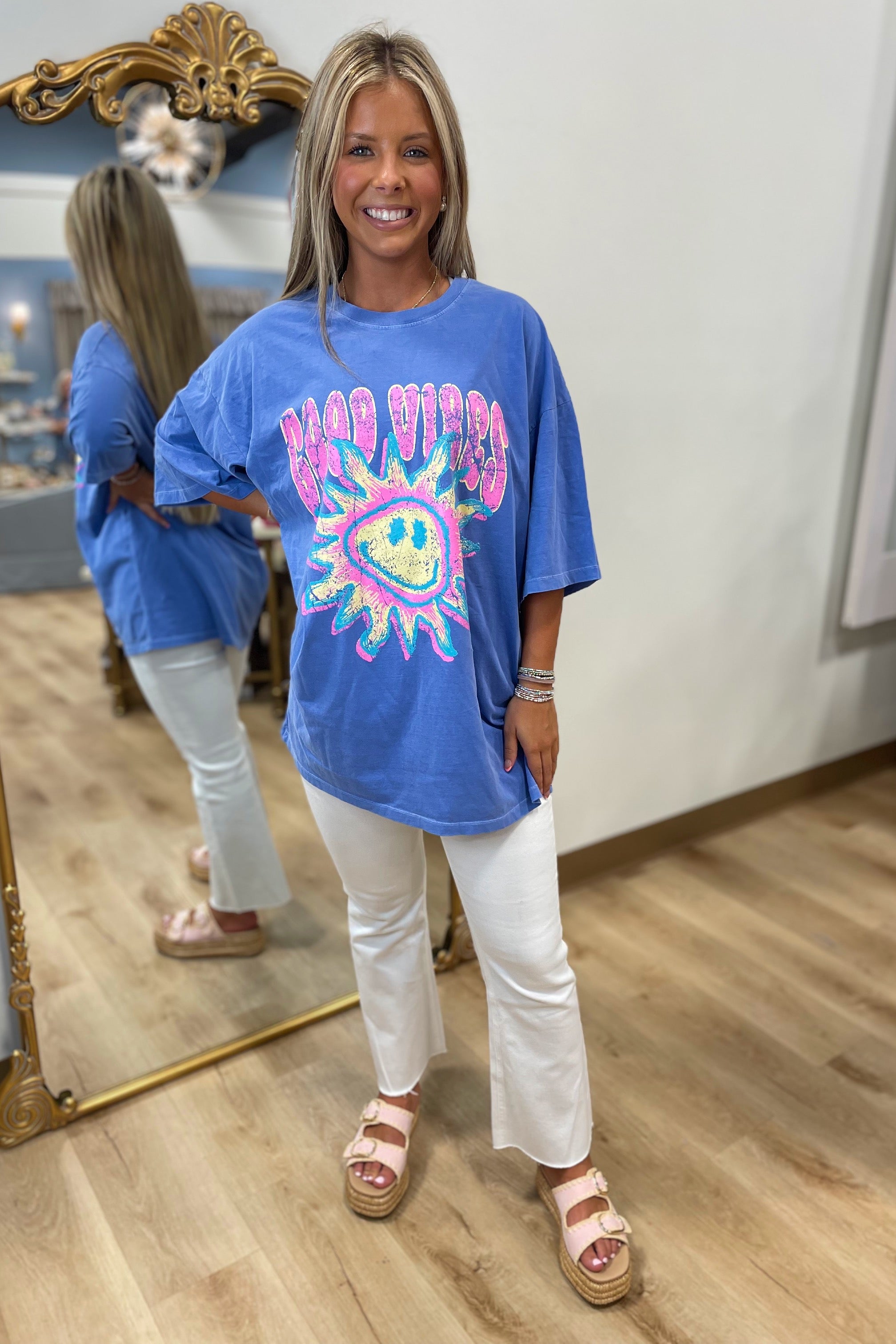 Good Vibes Sunshine Distressed Tee Cobalt