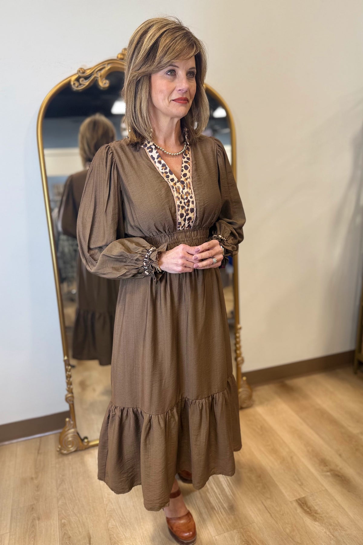 Umgee Leopard Trim Dress Brown