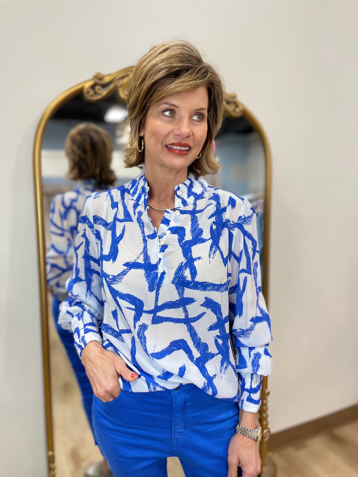 APNY Puff Sleeve Blouse Blue White