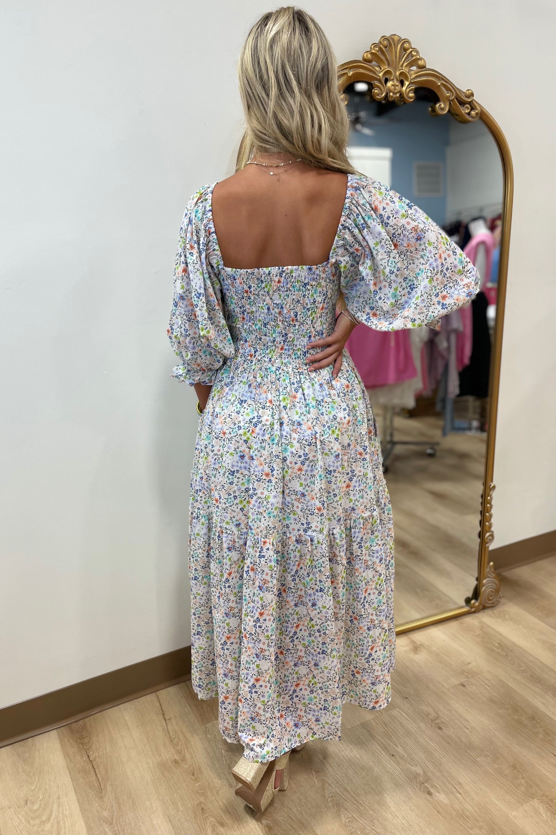 Karlie Floral Smock Maxi Dress White