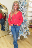 Nice List Chunky Cardigan Sweater w Gold Button Red