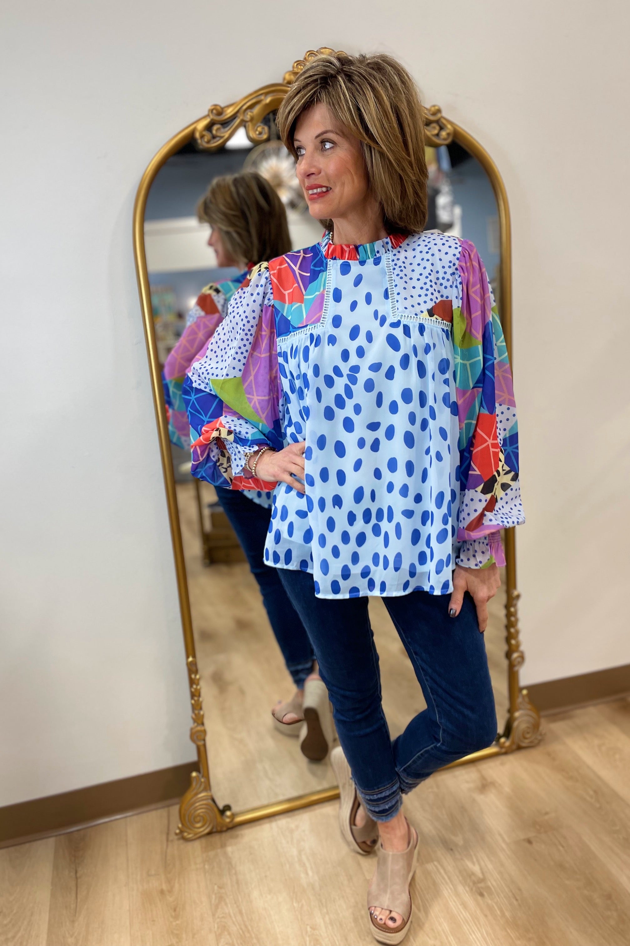 Spots Abound LS Chiffon Top Blue