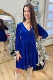 Umgee Velveteen V Neck Layered Dress Cobalt Blue