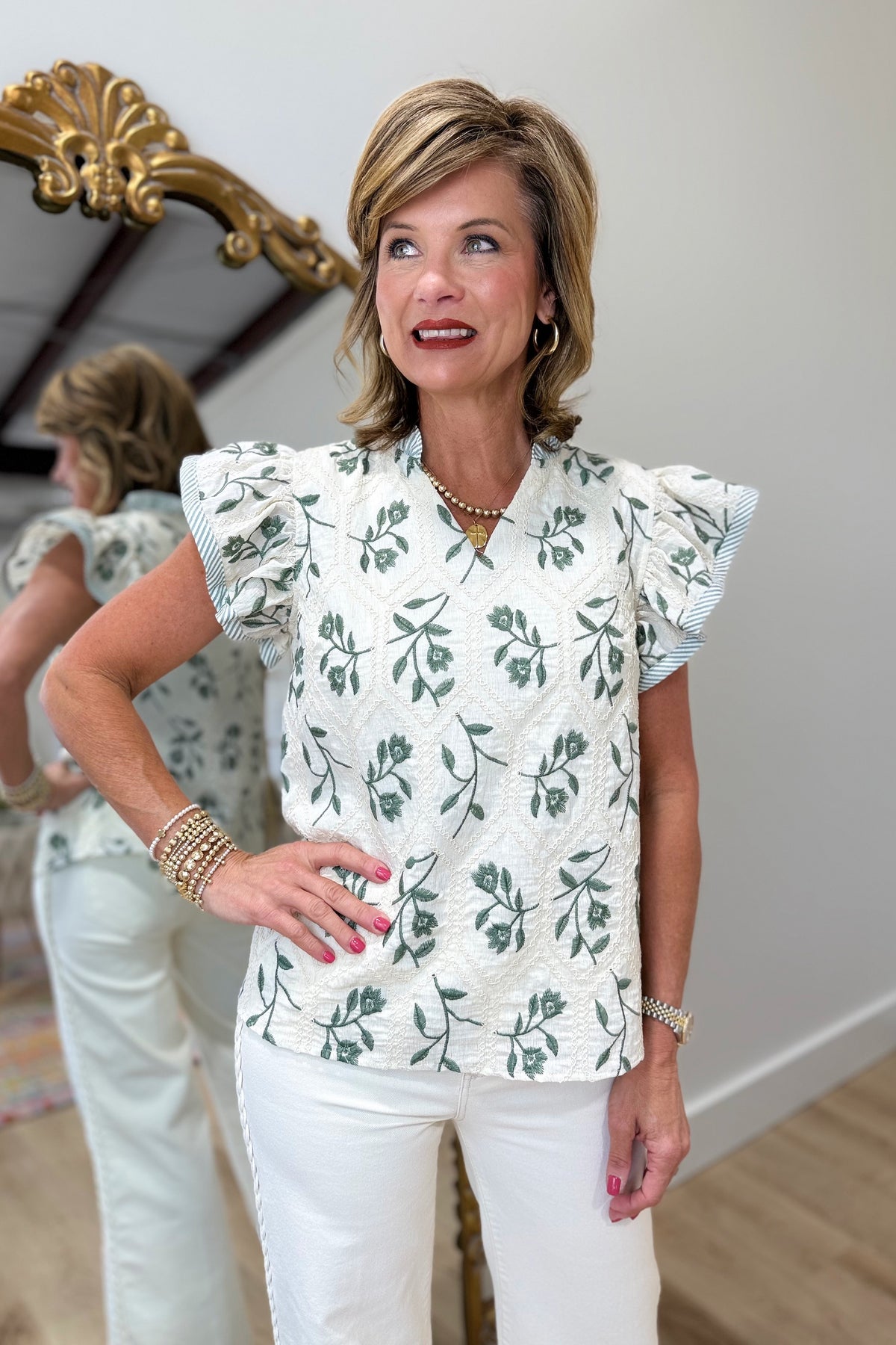 Flutter Floral Embroidered Blouse Sage