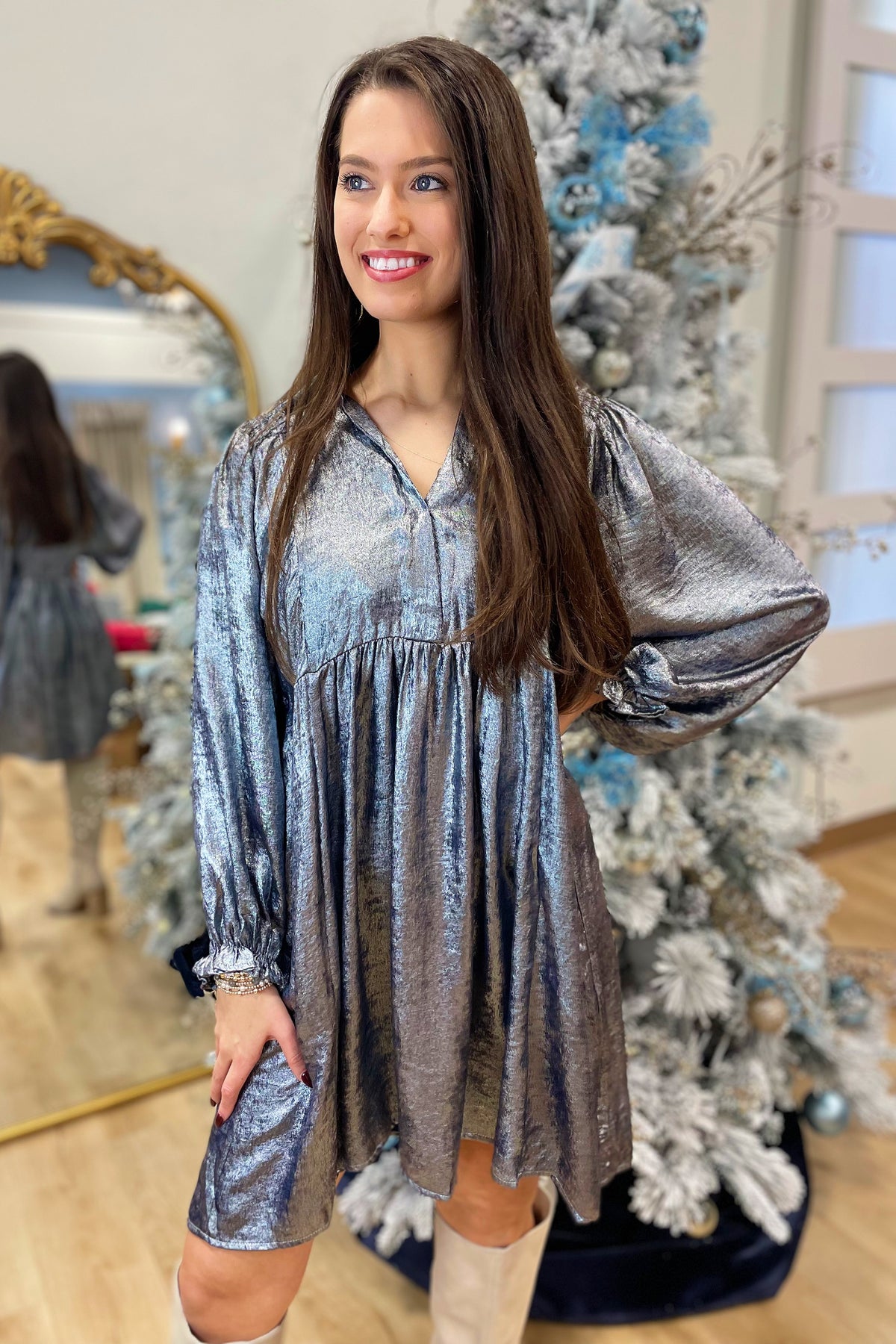 Umgee Metallic Babydoll Dress Navy
