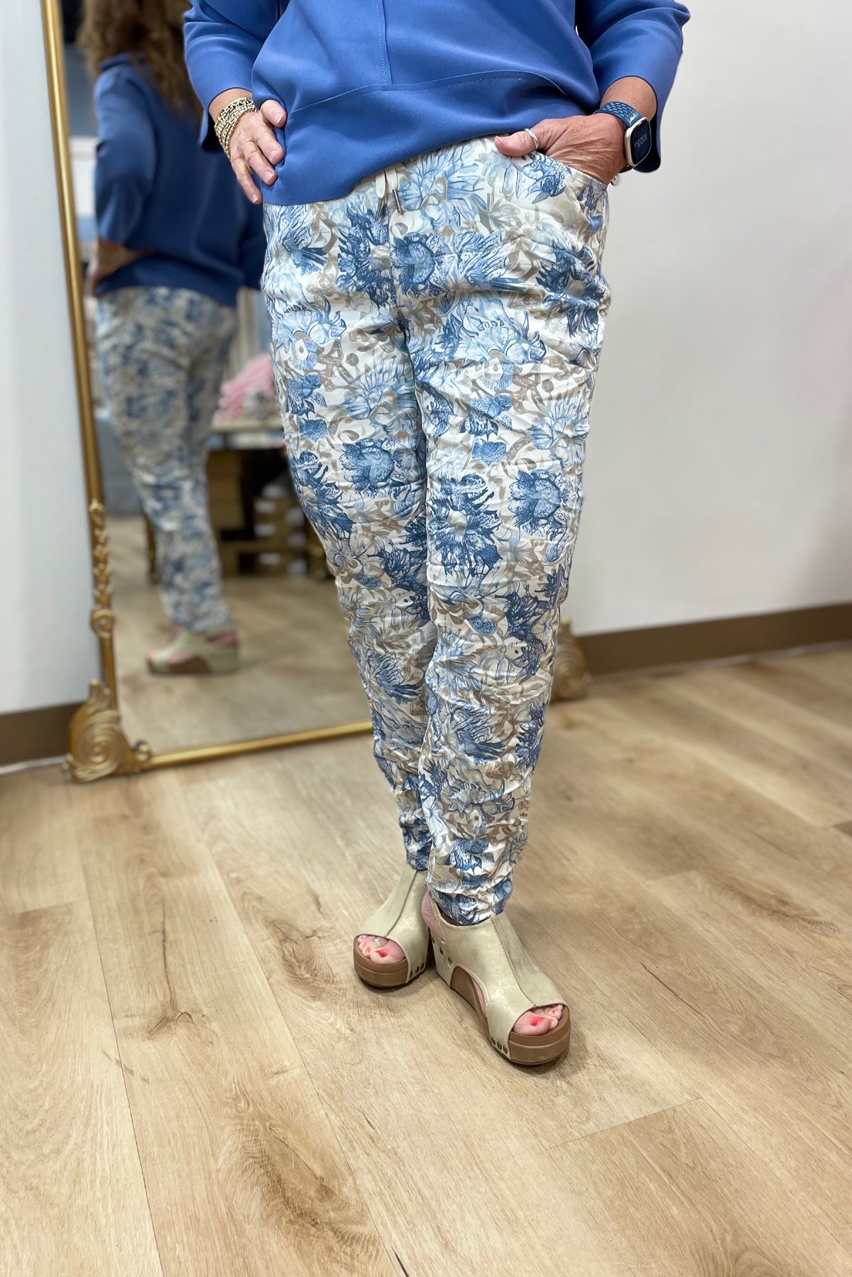Charlie B Printed Crinkle Bengaline Pant Coastal