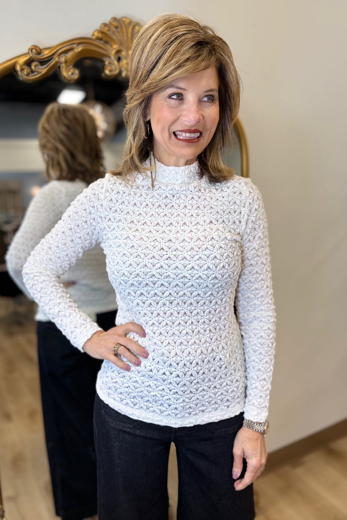 Charlie B Mock Neck Top Ecru