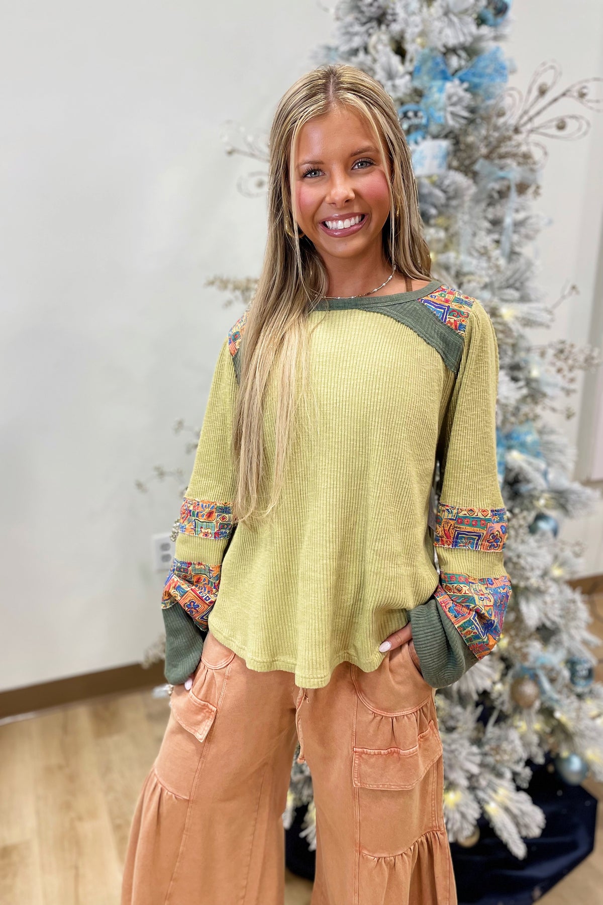 Fall Reminder Mix Textured Top Sage
