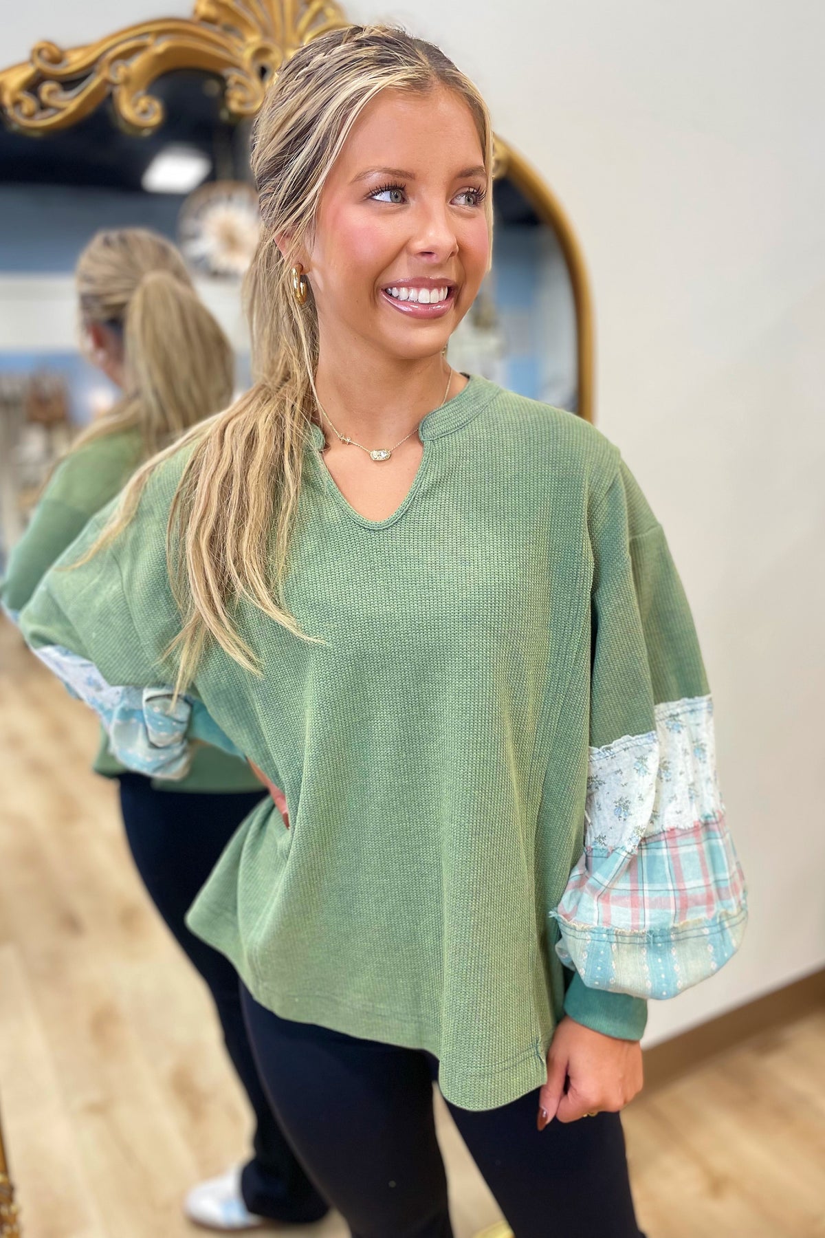 Blue Rose Patch Sleeve Top Sage