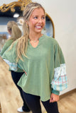 Blue Rose Patch Sleeve Top Sage