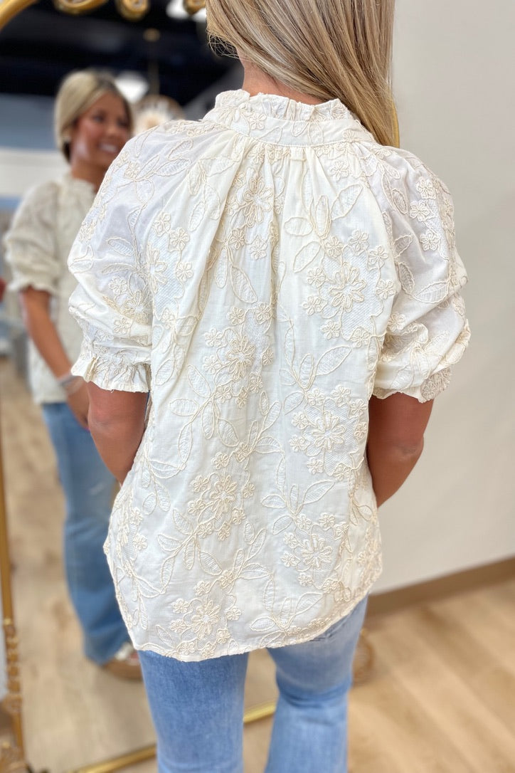 Classic Embroidery V Neck Top Ivory