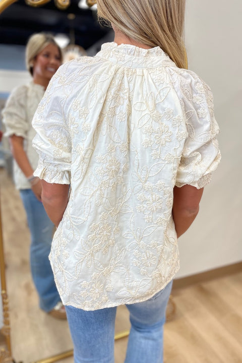 Classic Embroidery V Neck Top Ivory