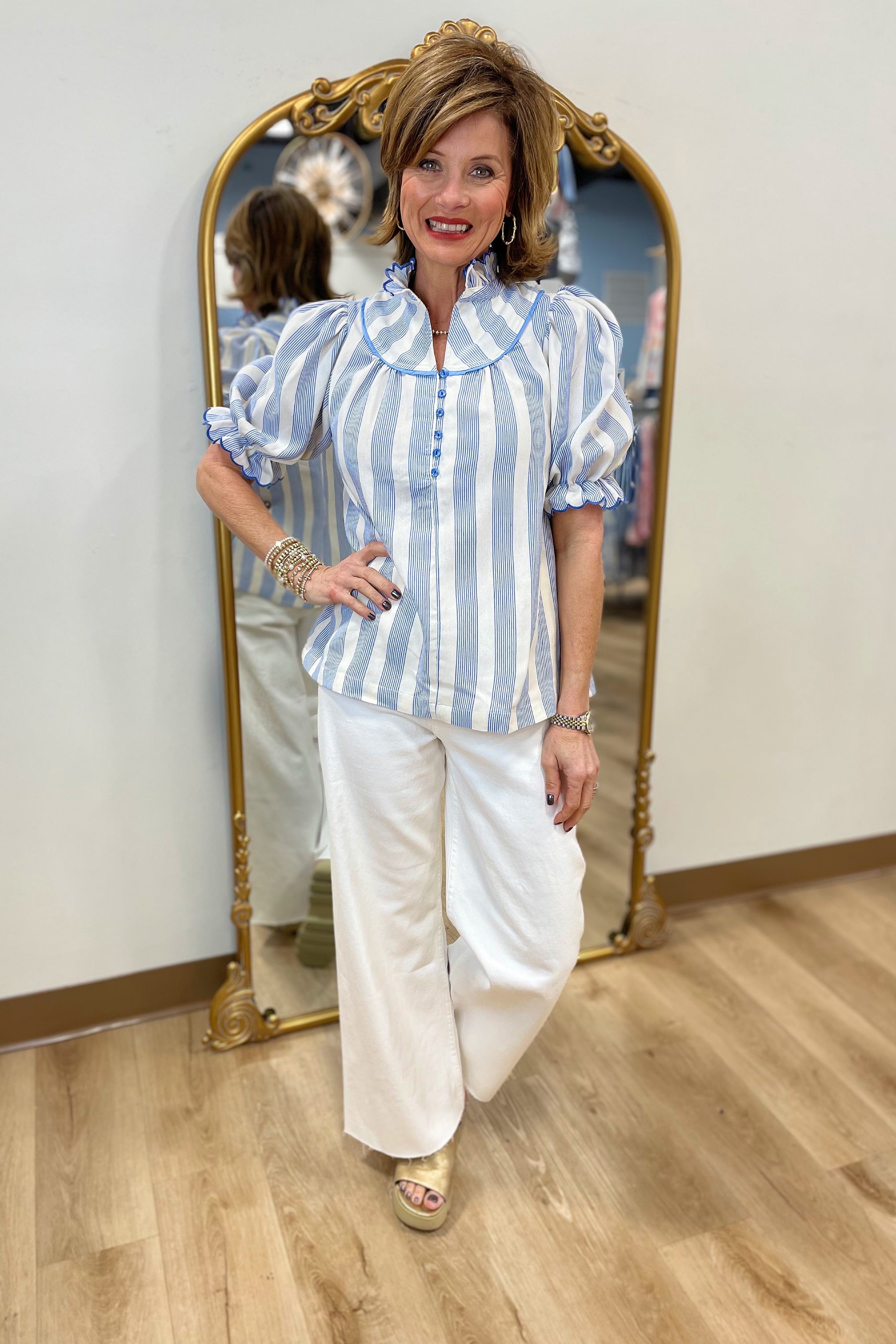 Umgee High Ruffle Neck Stripe Top Blue