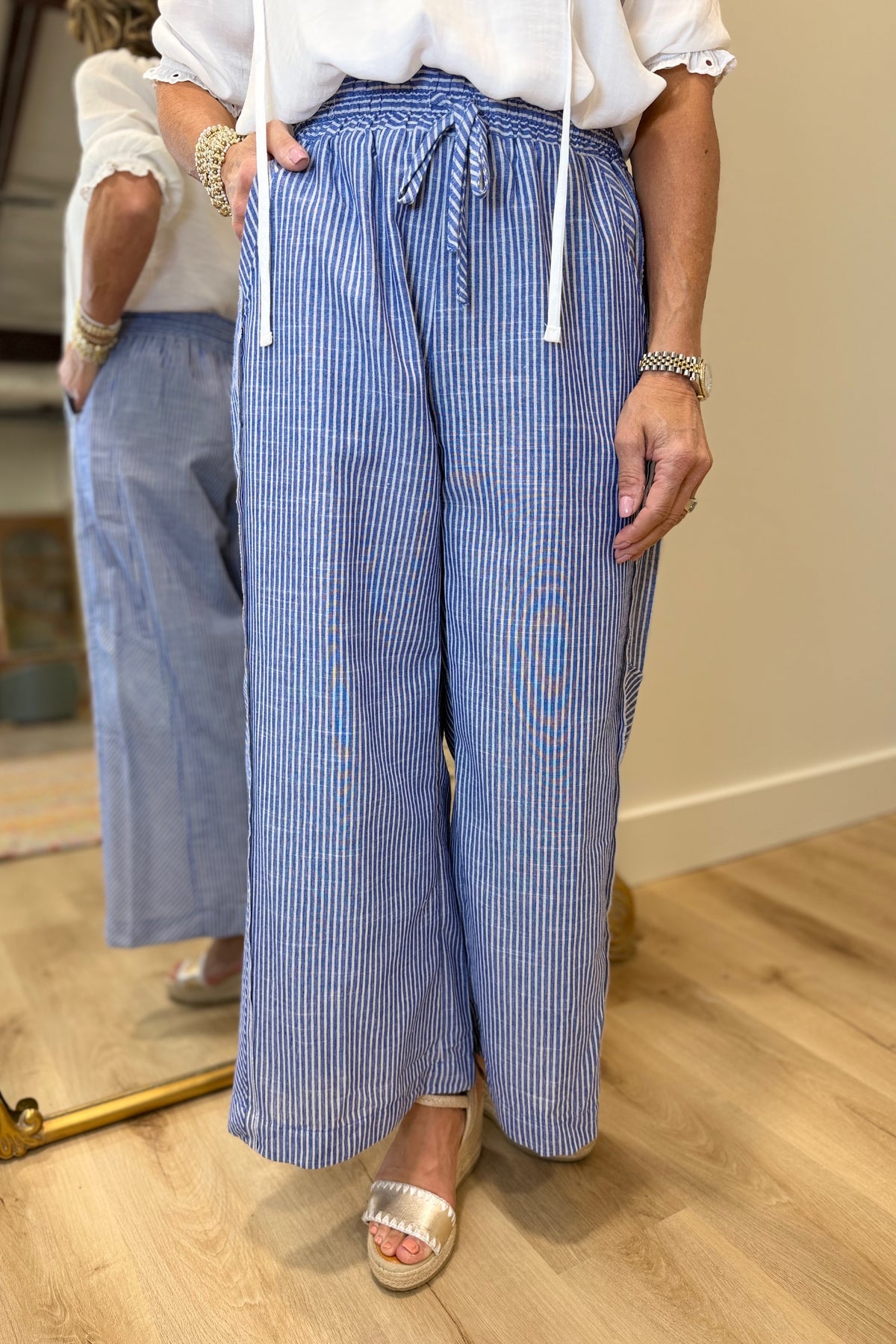 Umgee Striped Linen Blend Pant Blue