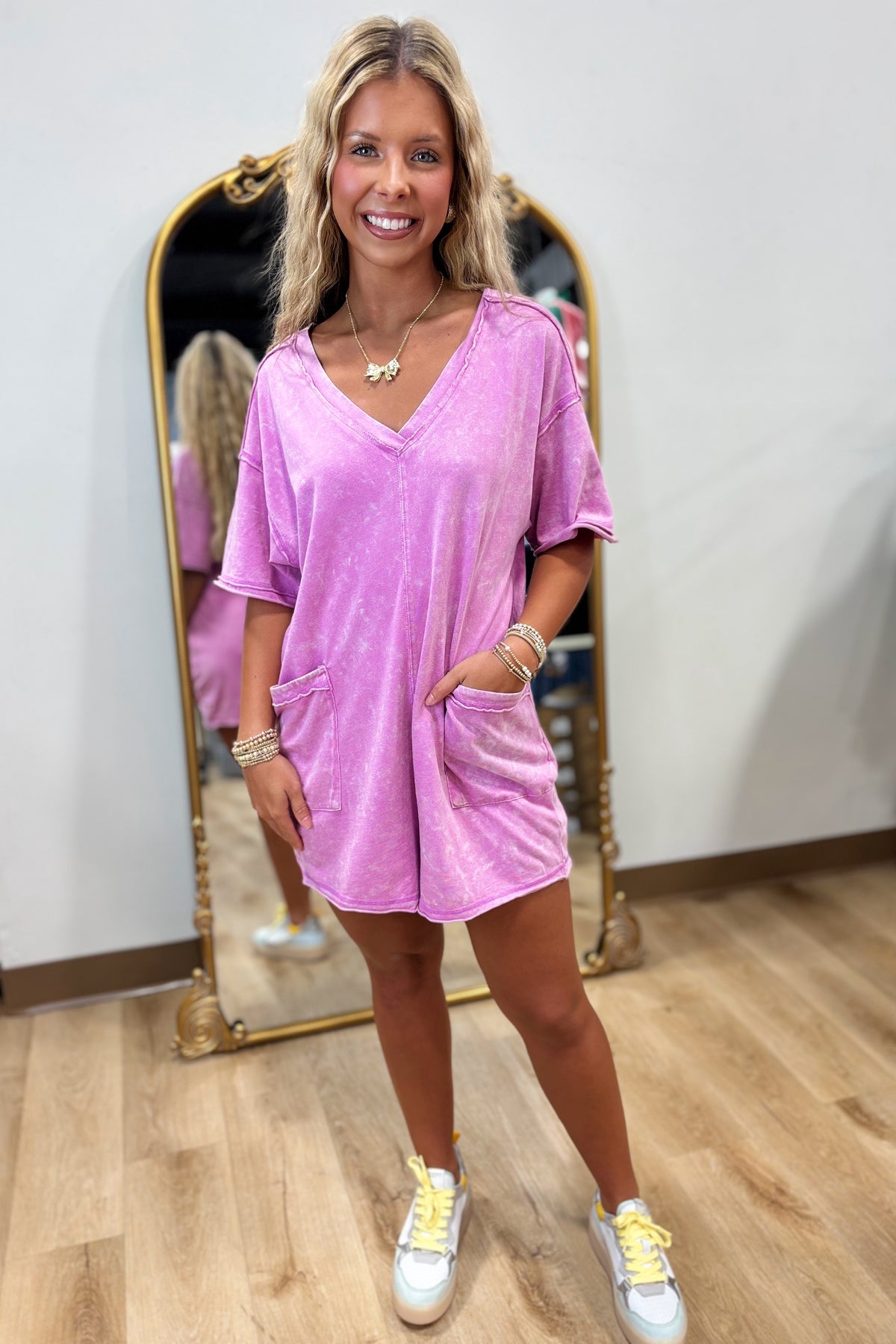Ballpark Babe Mineral Washed Romper Orchid