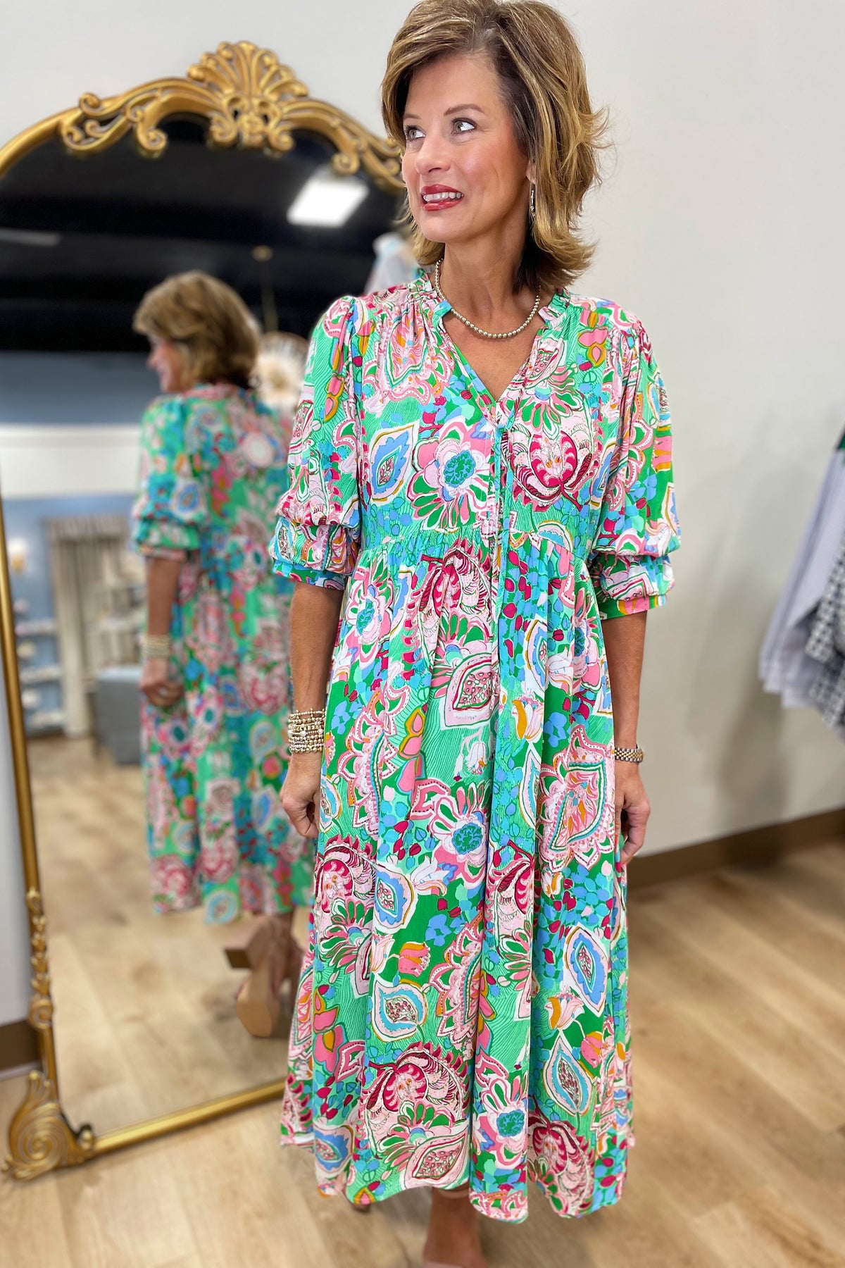 Umgee Empire Waist Midi Dress Emerald