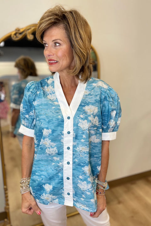 Floating Flowers Top Blue