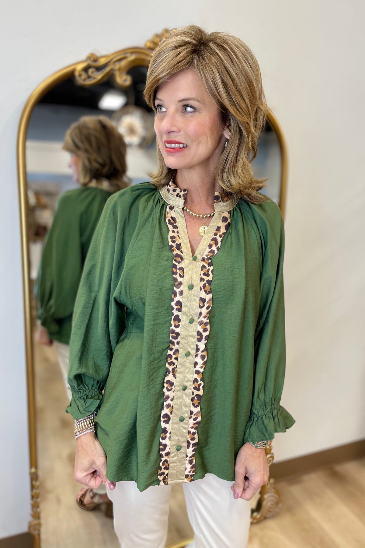 Umgee Leopard Placket Blouse Olive