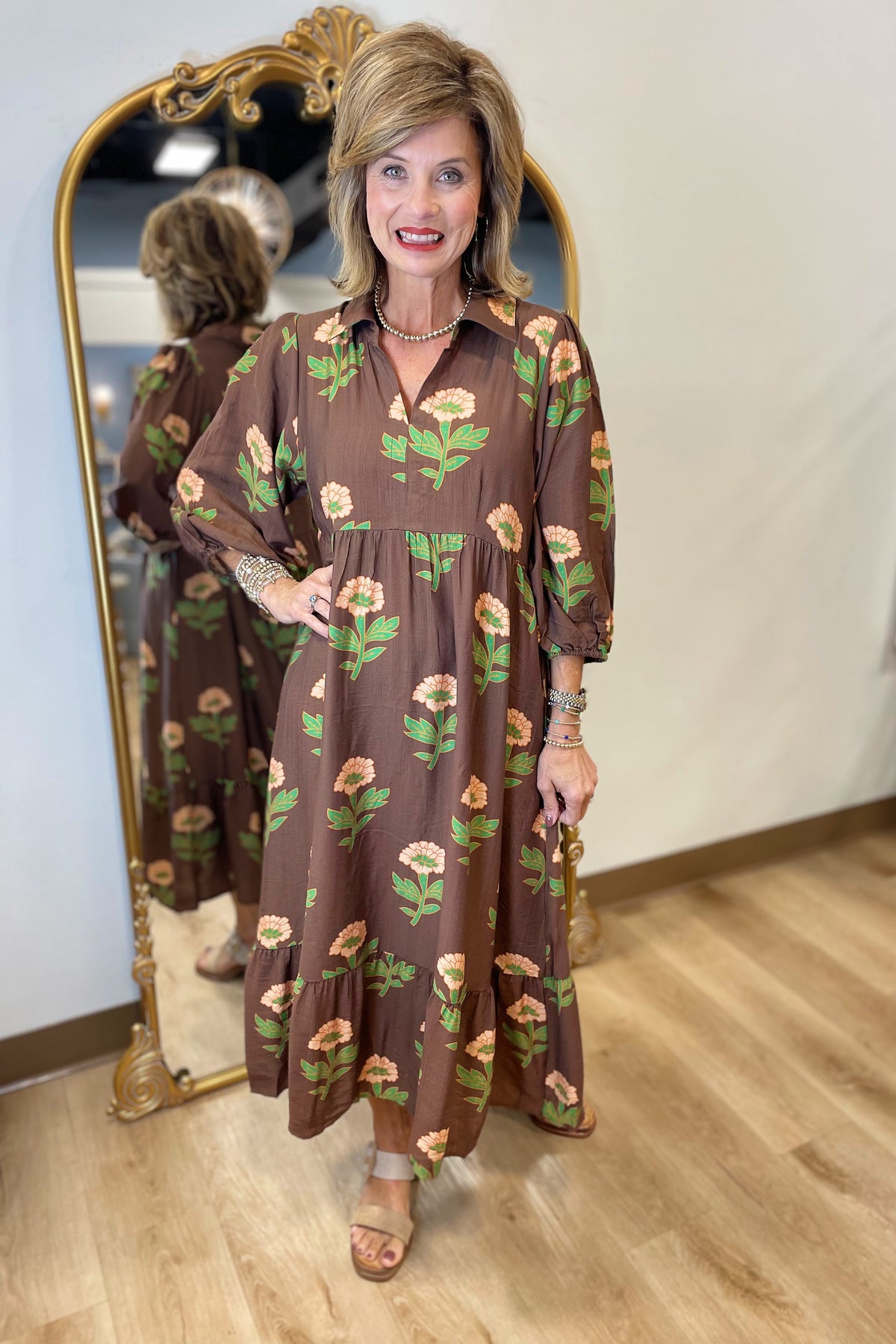 Umgee Big Flower Dress Brown Mix