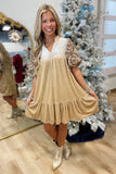 Umgee Embroidered Sleeve Velvet Dress Taupe