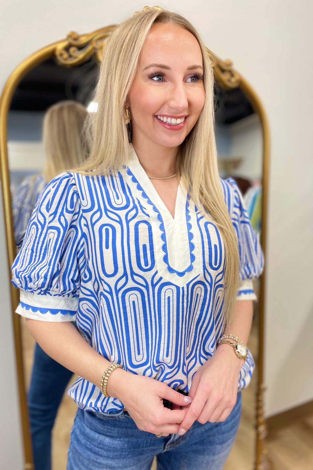 Art Deco Dream Print Top Blue