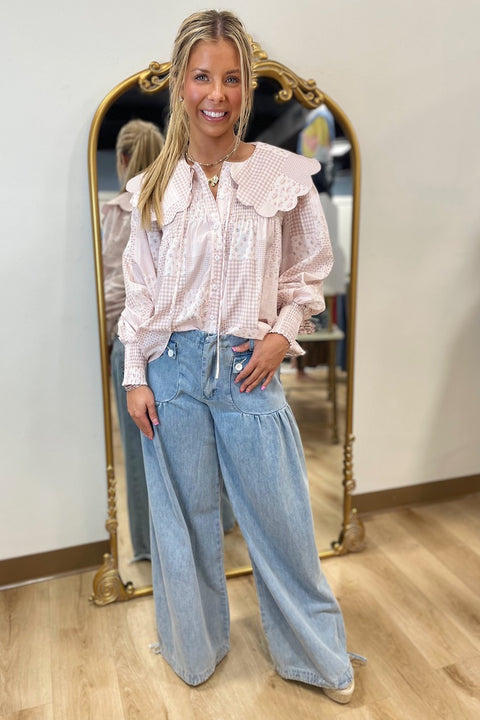 Soft Bloom Scallop Collar Blouse Pink Tile