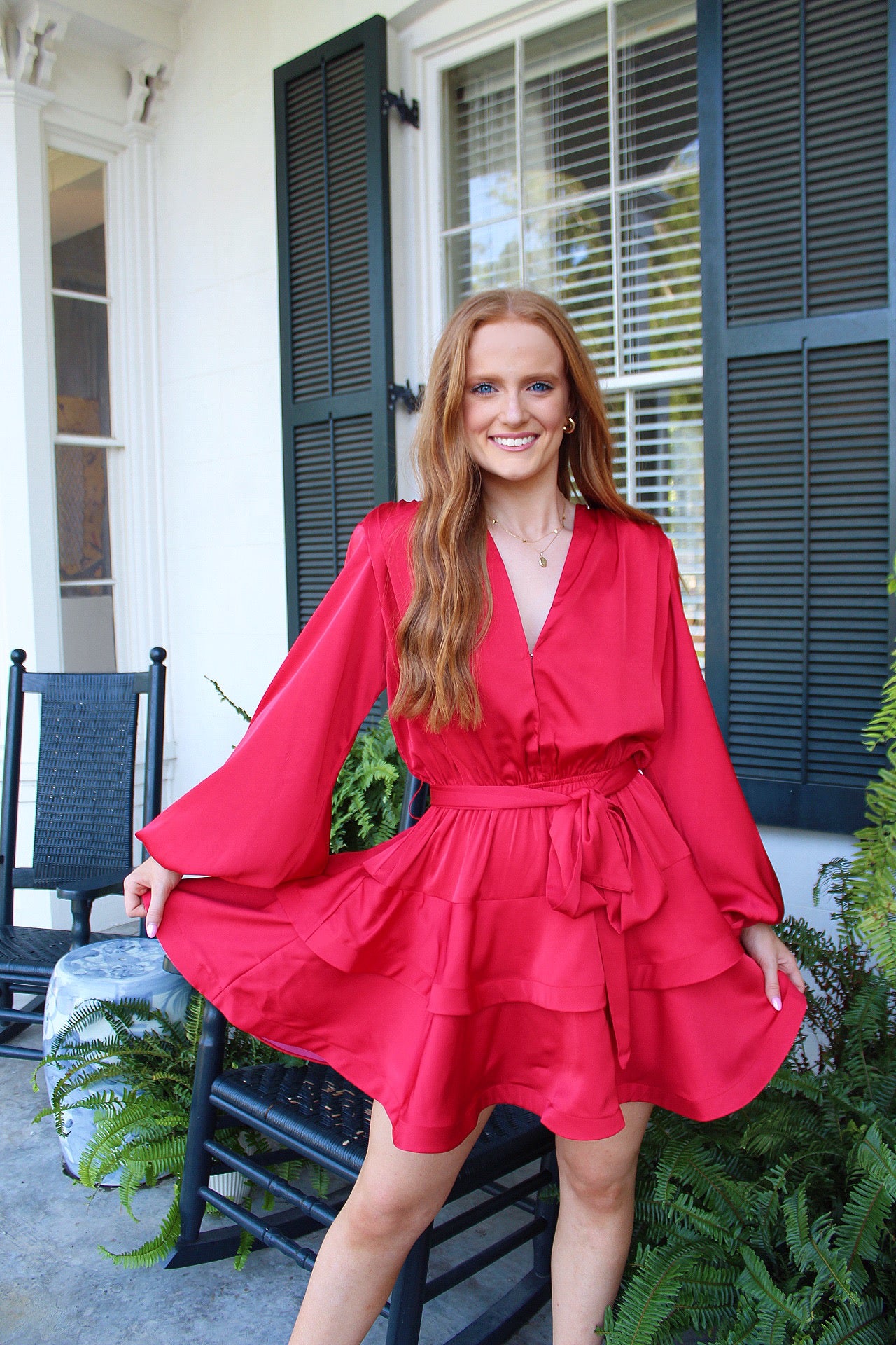 Winner Tiered Satin Long Sleeve Mini Dress Red