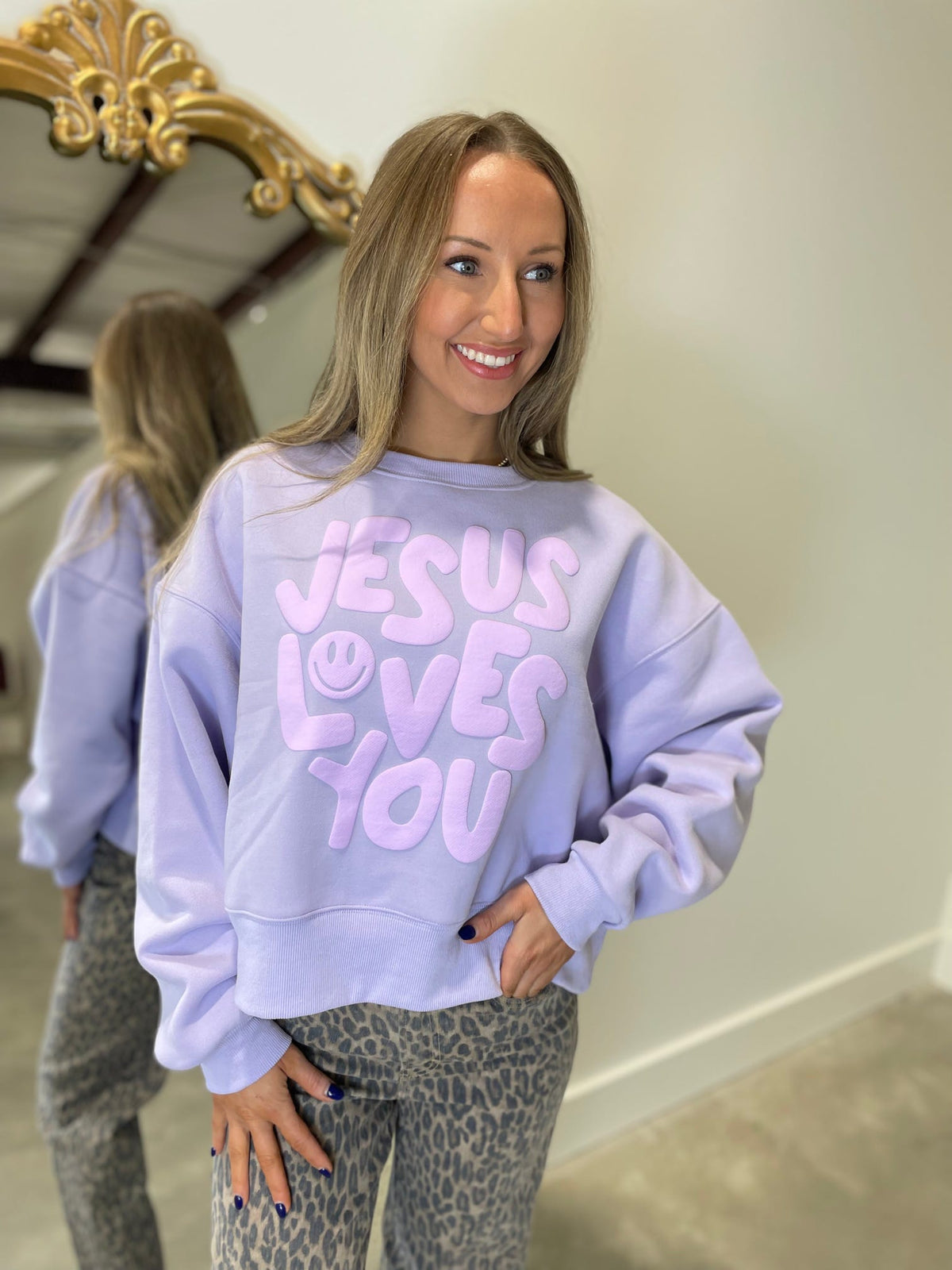 Smiley Jesus Love You Crop Sweatshirt Purple