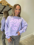 Smiley Jesus Love You Crop Sweatshirt Purple