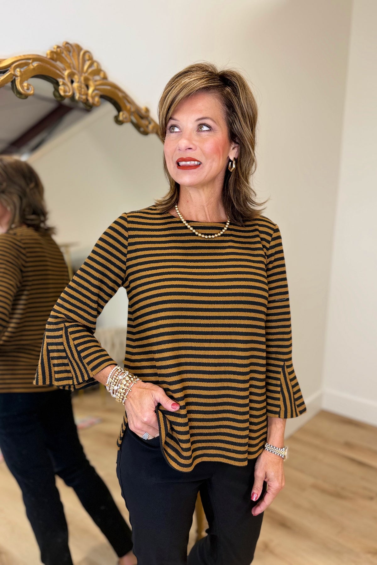 Multiples 3/4 Flounce Sleeve Top Walnut