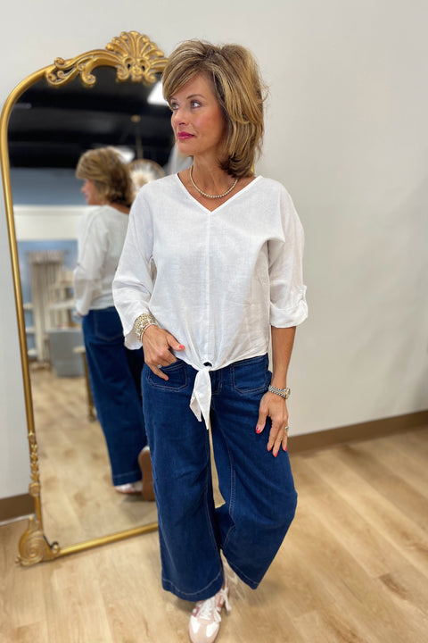 Charlie B Tie Front V Neck Top White