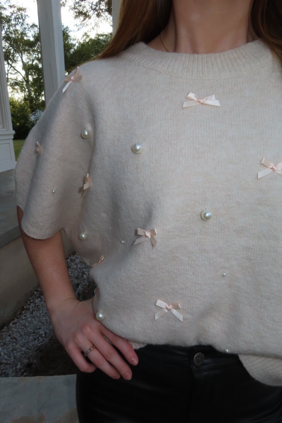 Pearls & Bows Sleeveless Sweater Ecru