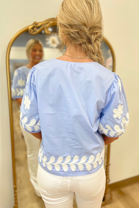 Springtime Stitch Embroidered Top Chambray