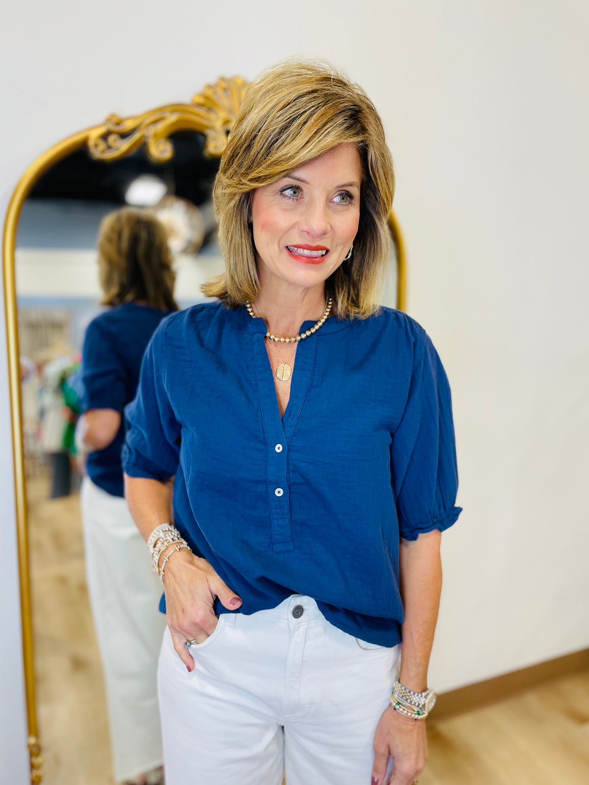 Dylan Milly Button Blouse Navy