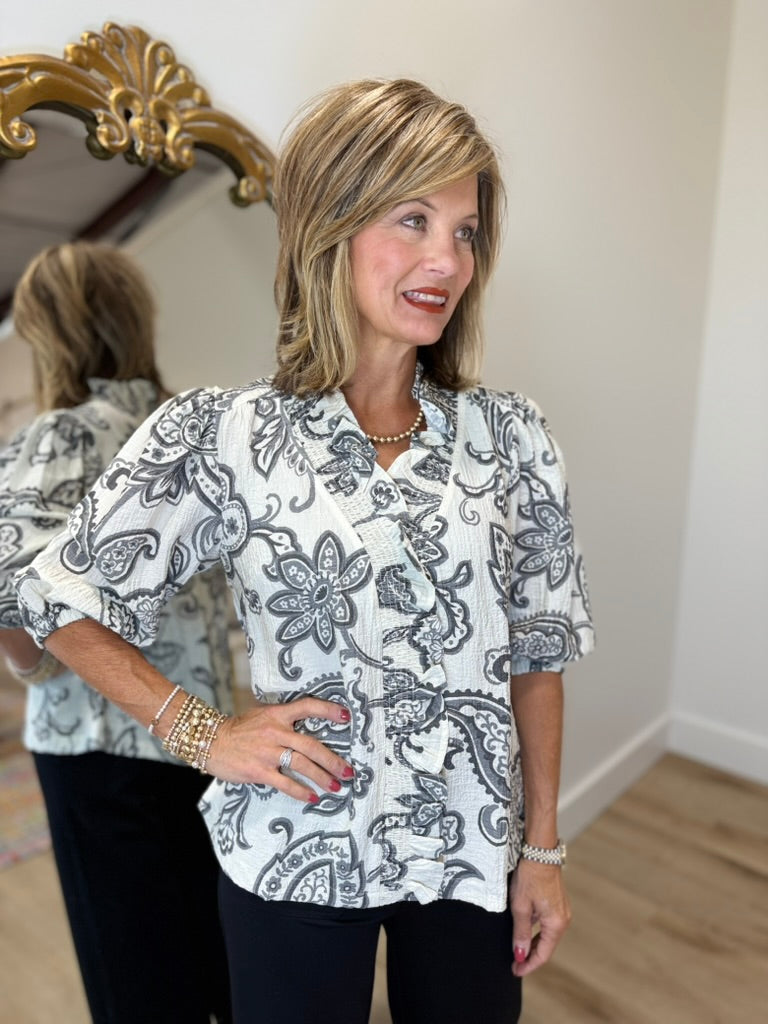 Umgee Smocked Ruffle Neck Top Charcoal