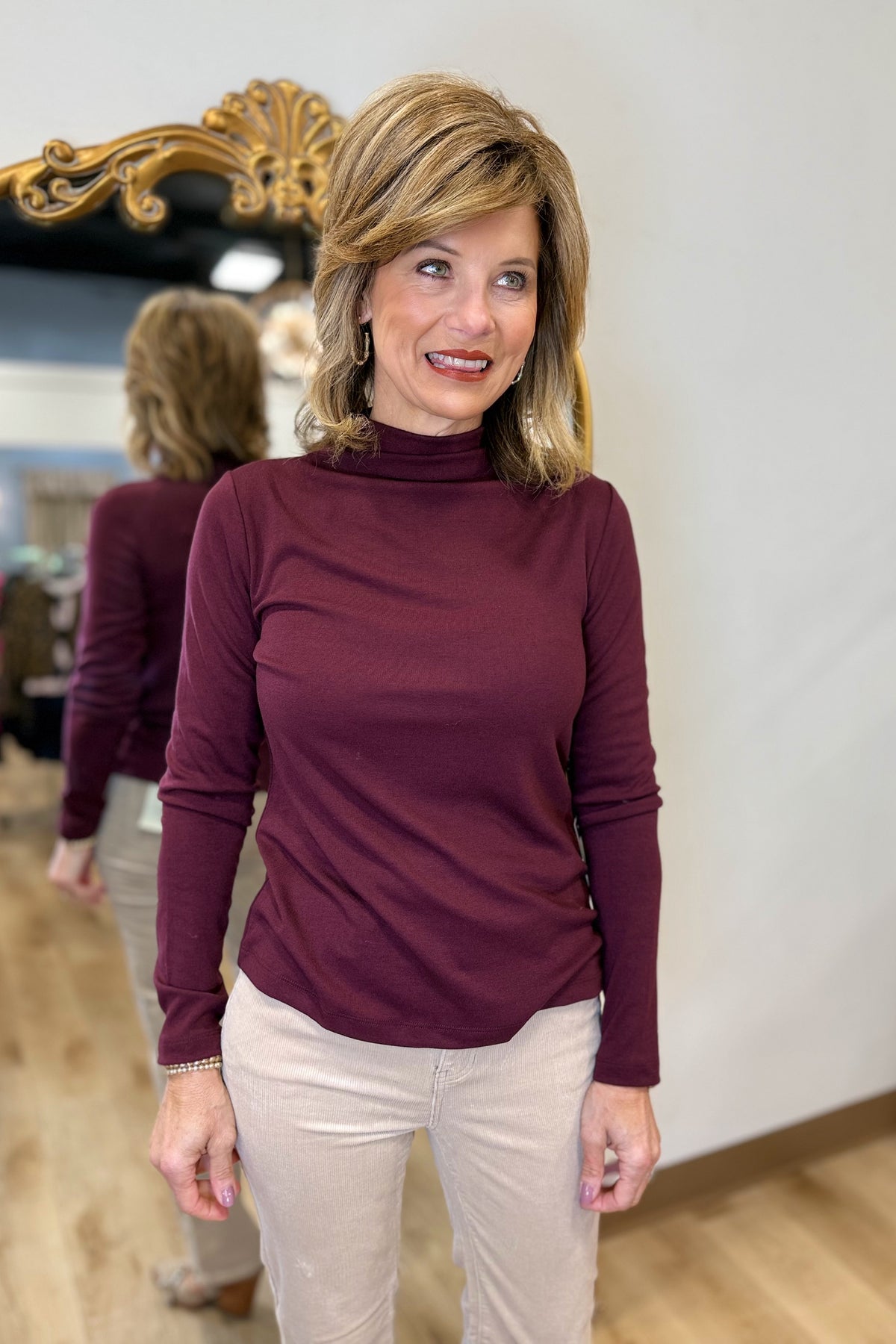 Charlie B Mock Neck Top Cabernet