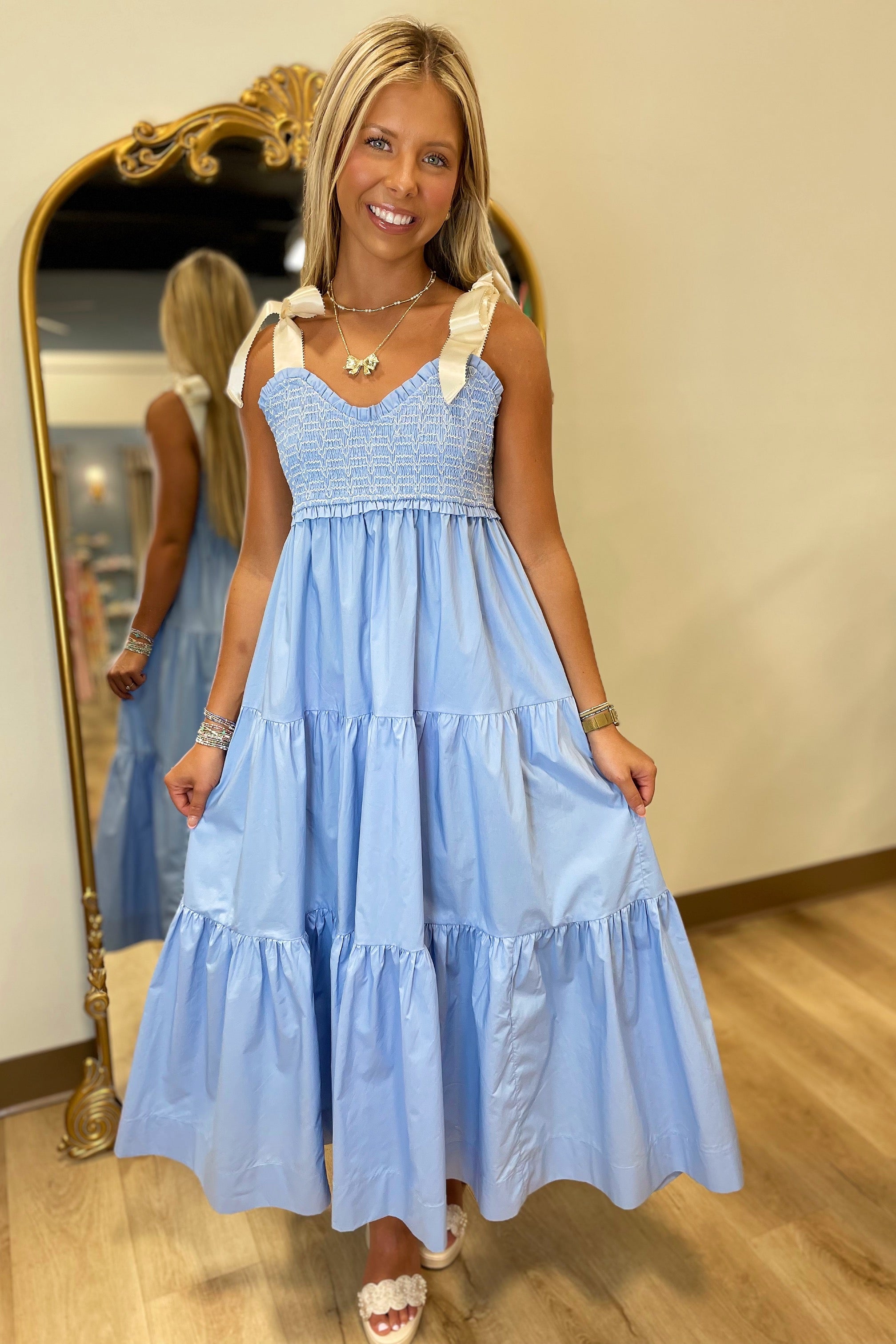 Soft Elegance Shoulder Tie Dress Sky