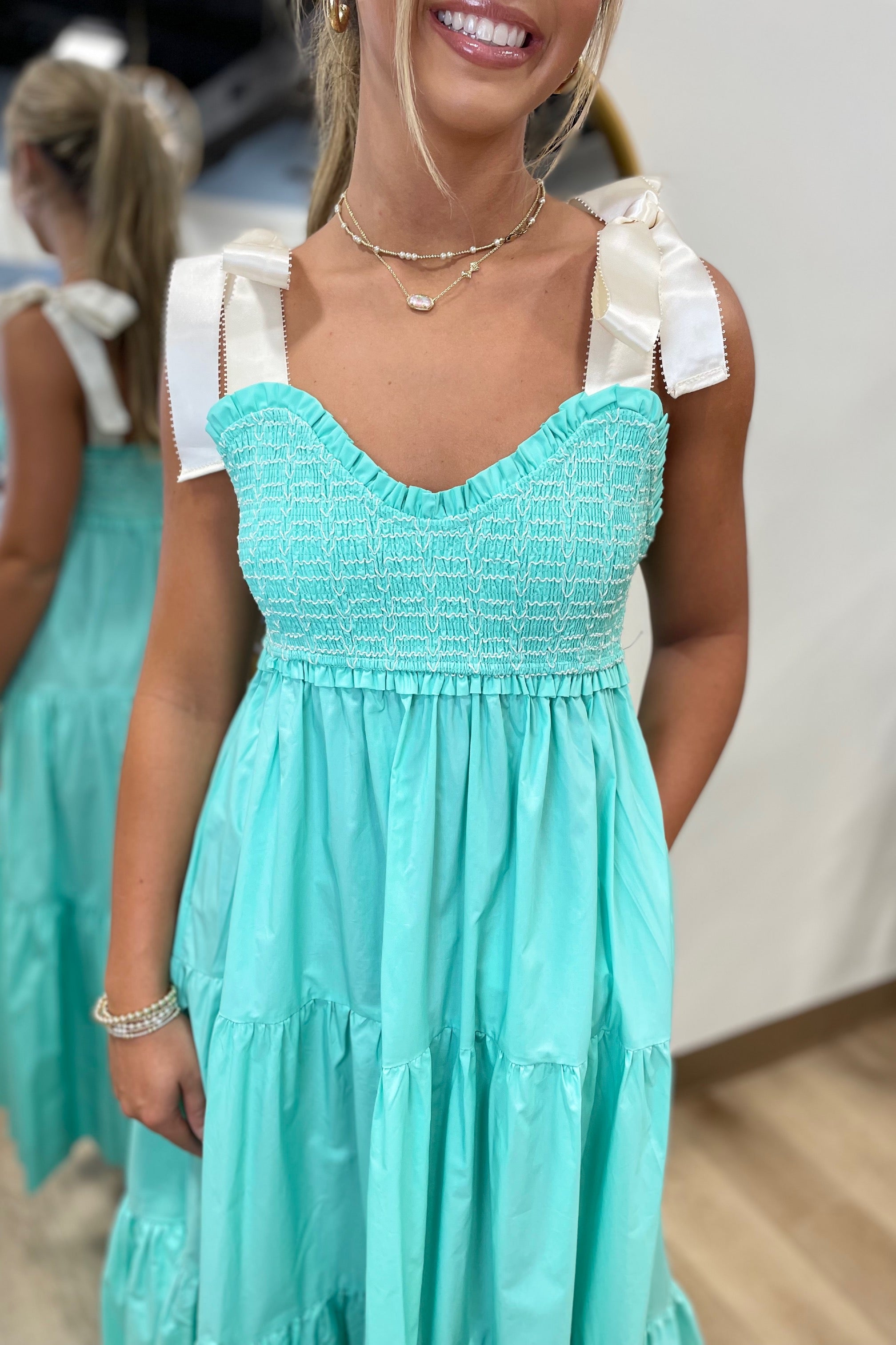 Soft Elegance Shoulder Tie Dress Mint