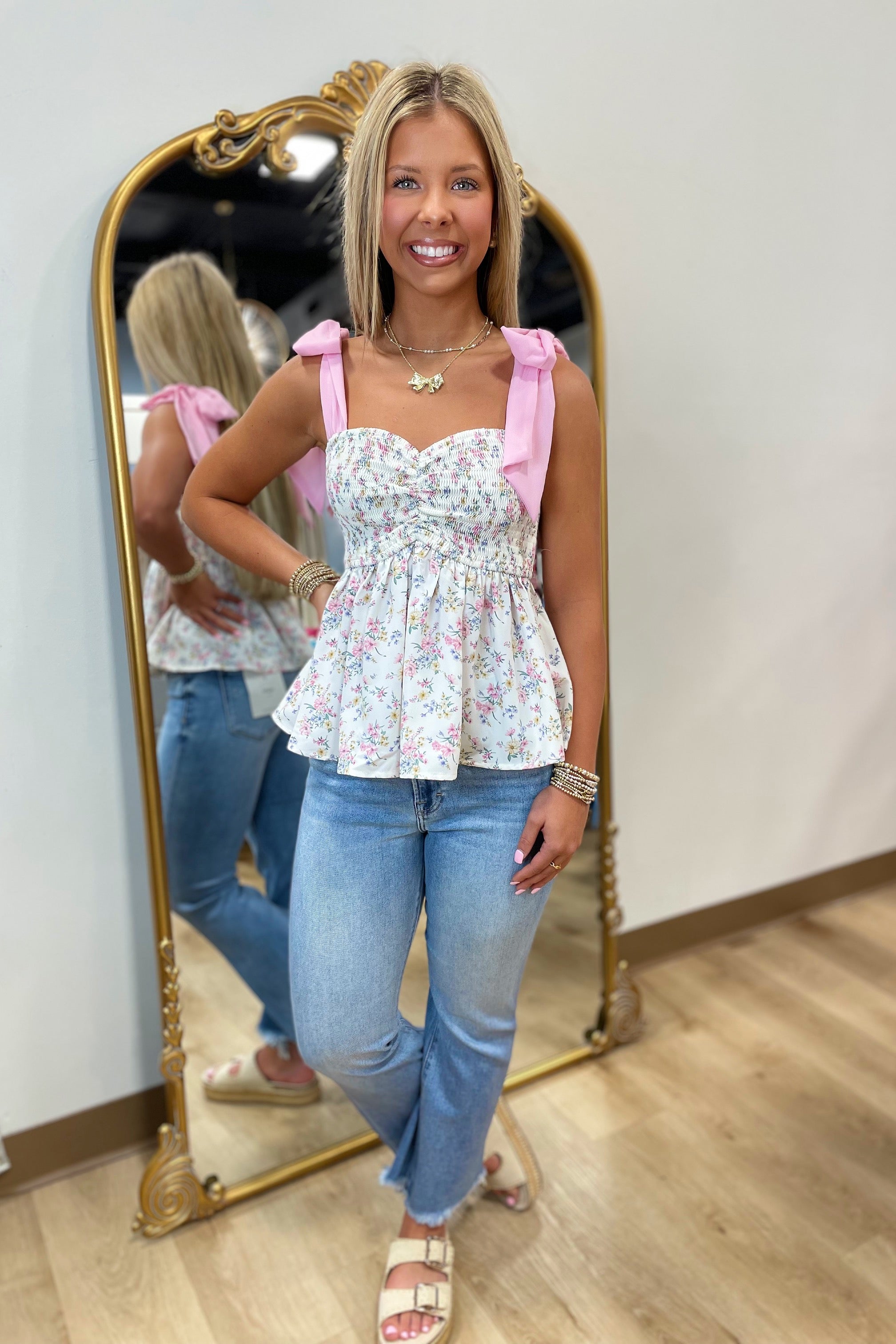 Romantic Smocked Bodice Top Ivory