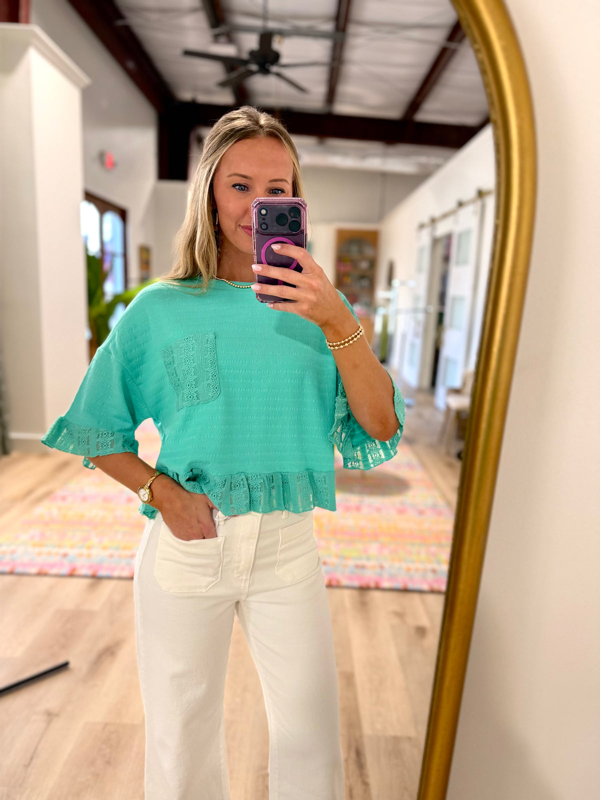Little Lace Details Top Seafoam