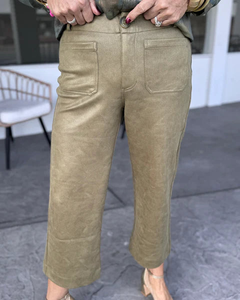 APNY Vegan Leather Wide Leg Pant Olive