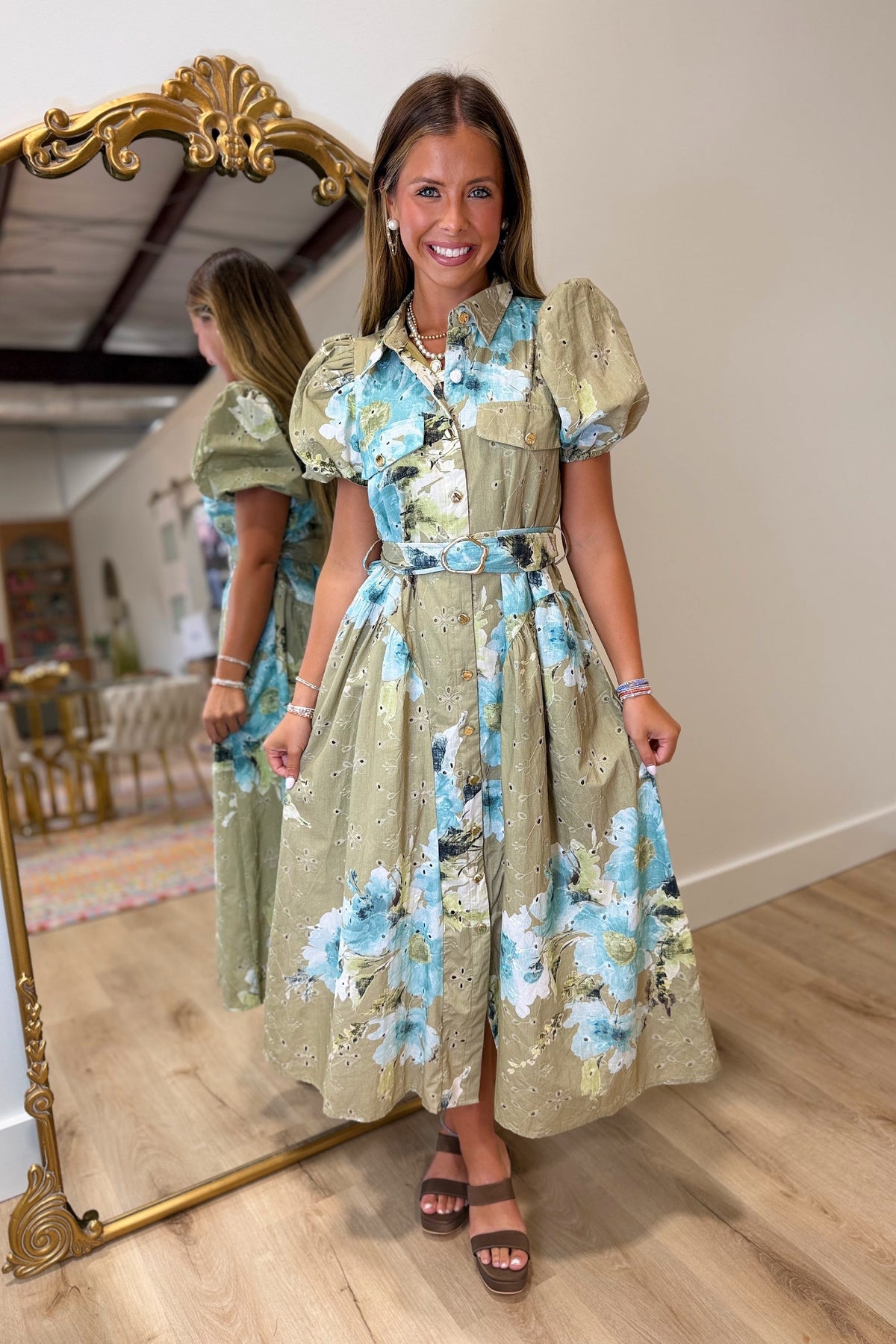 Fallon Eyelet Floral Button Front Dress Olive