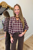 Plaid Beginnings V Neck Top Burgundy