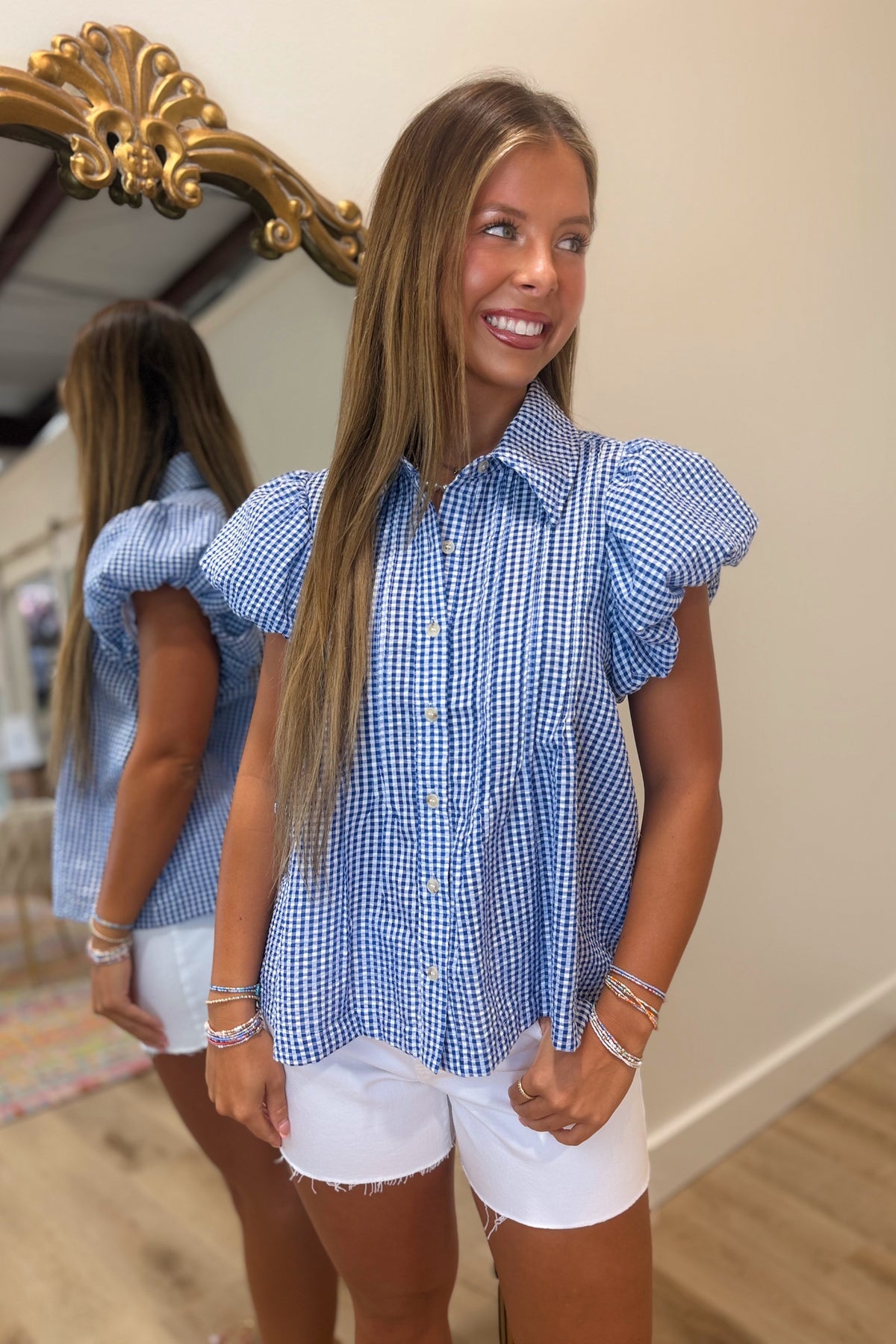 Picnic Under the Palms Gingham Top Blue