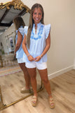 Umgee Floral Trimmed Ruffle Top Blue