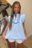 Umgee Floral Trimmed Ruffle Top Blue