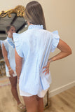 Umgee Floral Trimmed Ruffle Top Blue