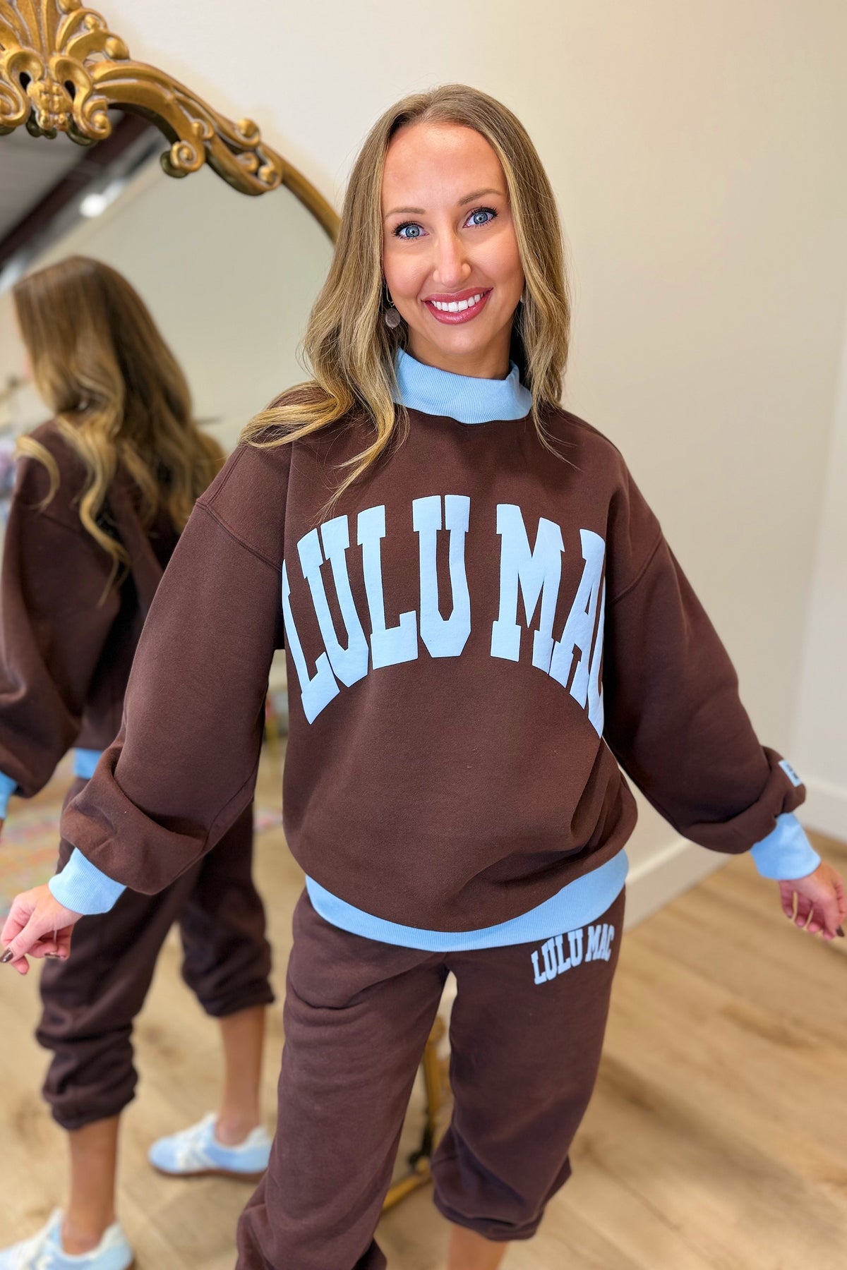 Lulu Mac Puff Mock Neck Sweatshirt Brown Light Blue