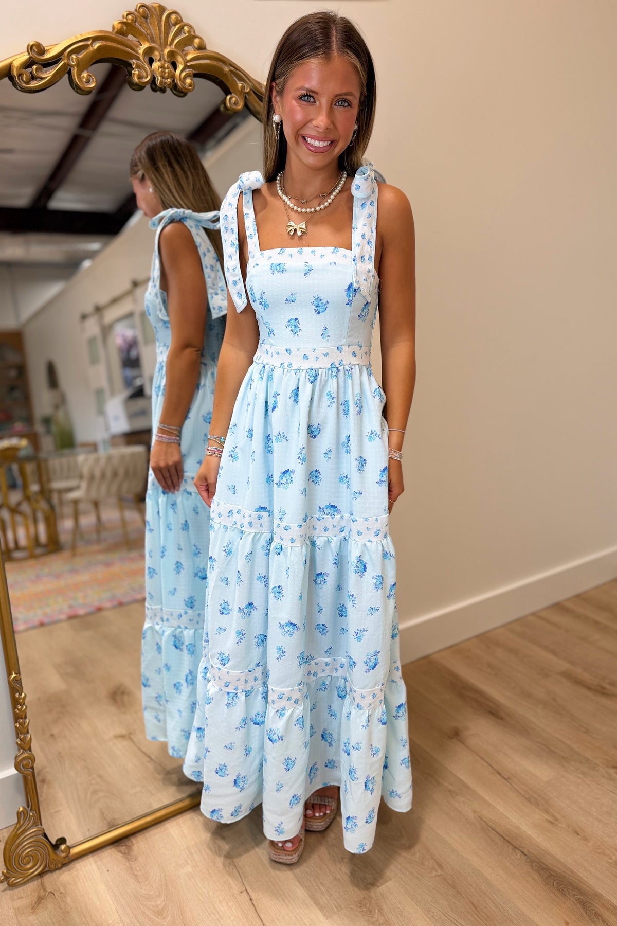 Garden Gathering Tie Midi Dress Blue