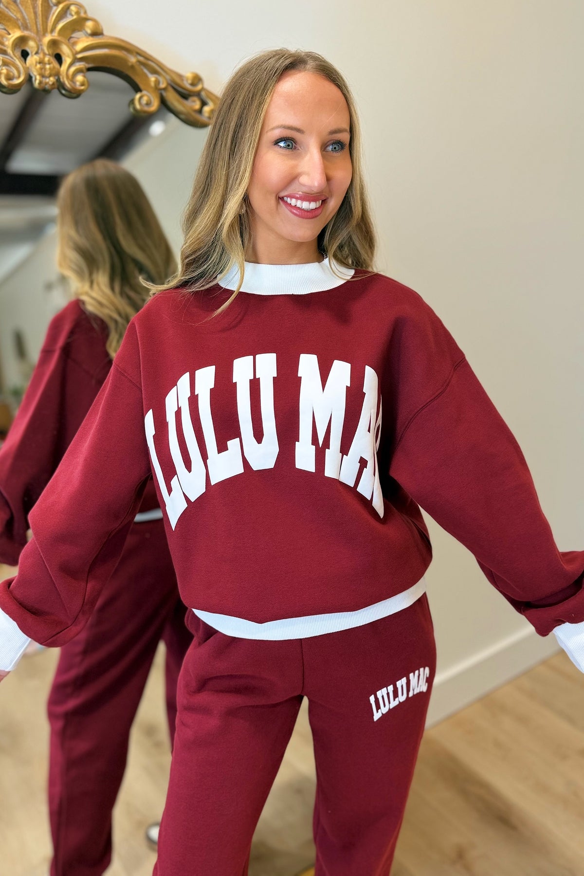 Lulu Mac Puff Mock Neck Sweatshirt Maroon White